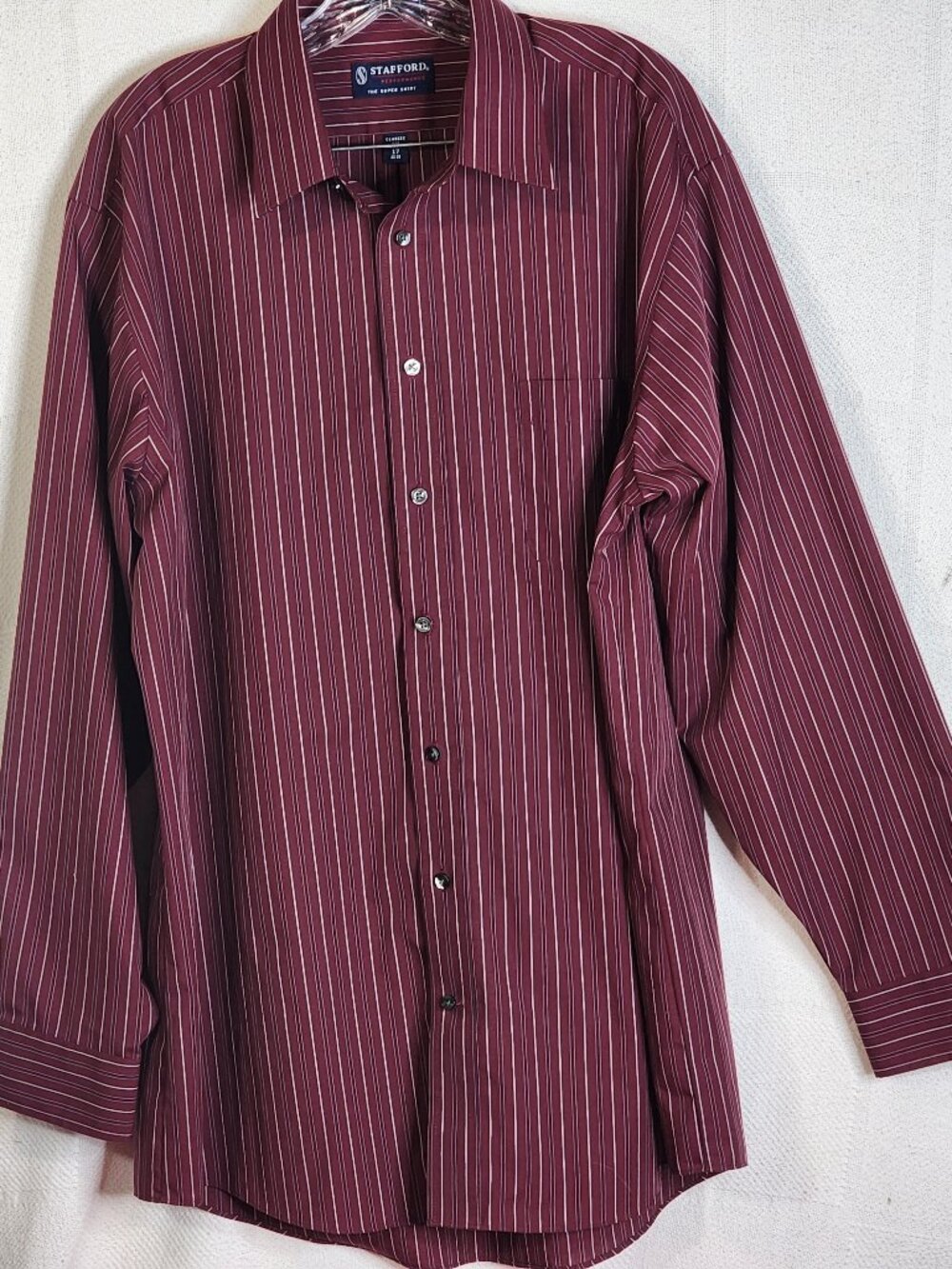 Stafford Performance Maroon Stripe Cotton Poly Broadcloth Super Shirt 17 34-35